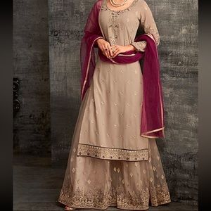 Like New Dark Beige and Purple Embroidered Palazzo Indian Suit